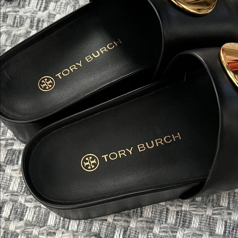 Tory Burch Black Slide Sandals with Gold Medallion Accent